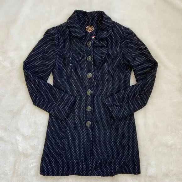 Anthropologie| Idra Black Dot Wool Blend Coat | Sz 8 Ruffle - Picture 1 of 10